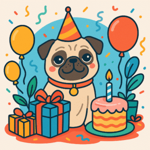 Cartoon pug wearing a party hat at a birthday celebration with balloons, gifts, and a cake with a candle.
