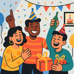 Cartoon friends laughing and celebrating at a birthday party with gifts, confetti, and party hats.