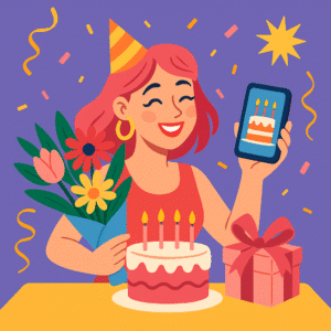 Cartoon woman celebrating her birthday with flowers, cake, gift, and a phone showing a birthday meme.