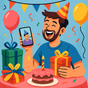Cartoon man celebrating his birthday with gifts, cake, balloons, and a phone showing a funny meme.