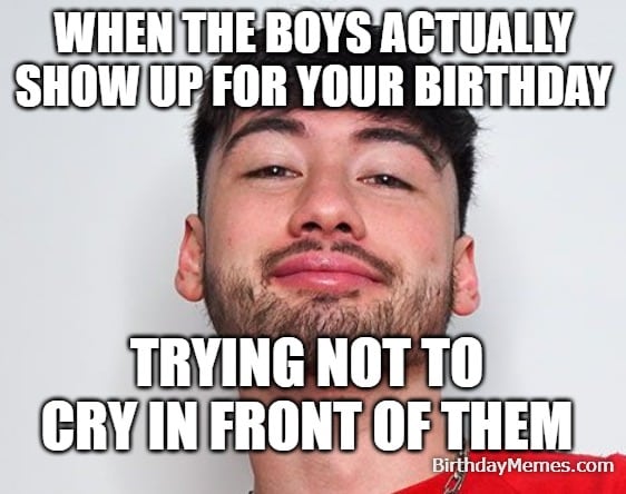 Guy holding back tears after his friends actually show up to celebrate