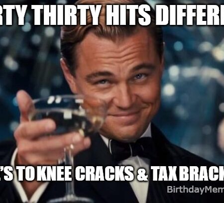 Leonardo DiCaprio toasting someone’s 30th birthday with a sly grin