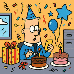 Cartoon-style Dilbert celebrating his birthday at the office with cake, balloons, confetti, and a gift on his desk.