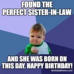 Success Kid birthday meme celebrating the perfect sister-in-law born on this day
