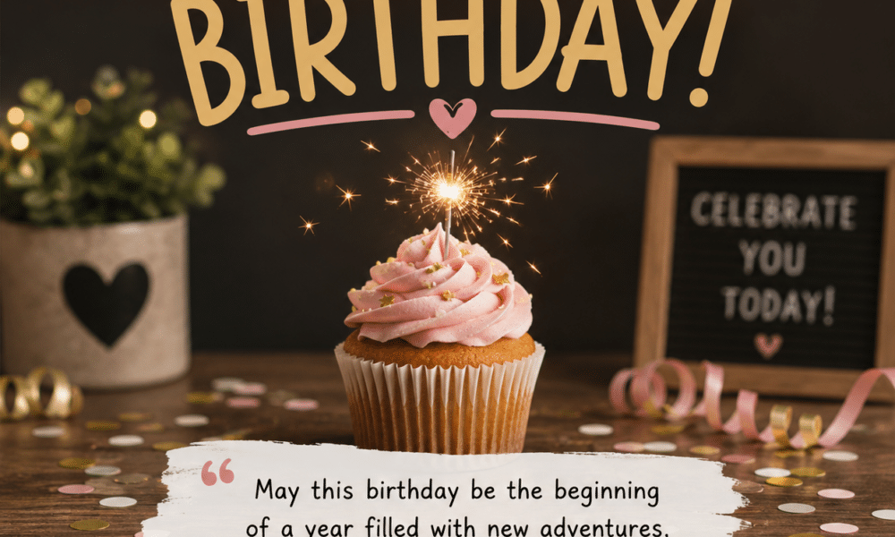 A cupcake with pink frosting and a sparkler, confetti, and a message wishing for a year of adventures and happiness.