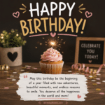 A cupcake with pink frosting and a sparkler, confetti, and a message wishing for a year of adventures and happiness.