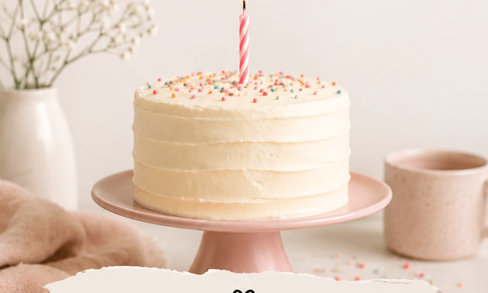 A birthday cake with one lit candle, pastel sprinkles, and a message wishing for love, laughter, and happiness.