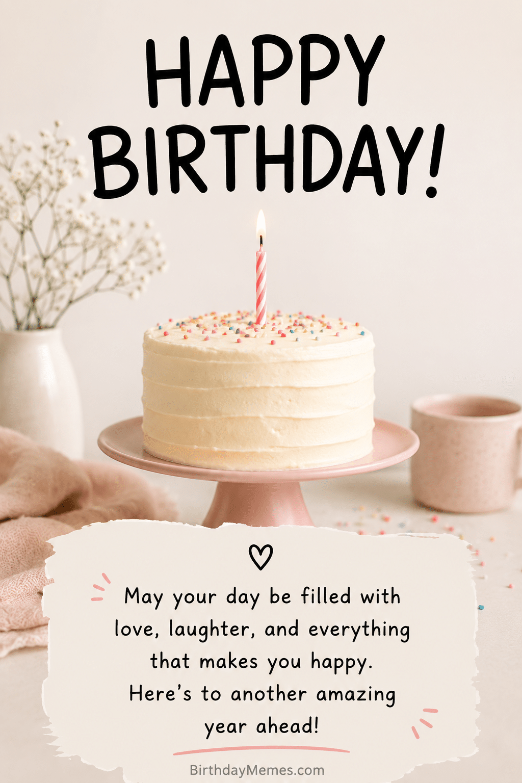 A birthday cake with one lit candle, pastel sprinkles, and a message wishing for love, laughter, and happiness.