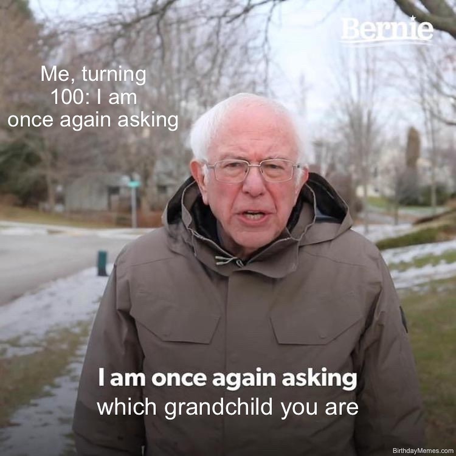 Bernie Sanders meme reading: Me, turning 100: I am once again asking which grandchild you are.