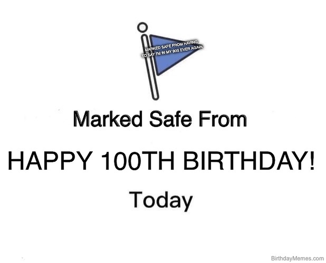 Safety check-in meme reading “Marked Safe From Happy 100th Birthday Today,” with a note about never again saying, “I’m in my 90s.”